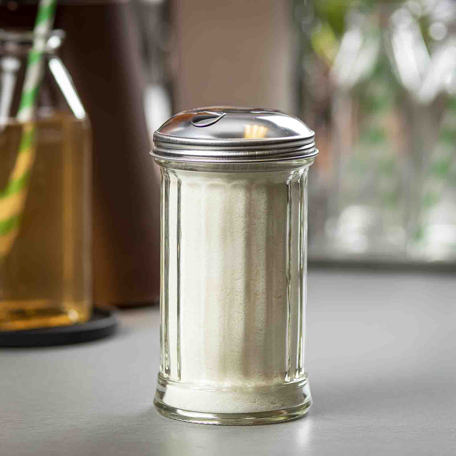 Tablecraft 57S-1 12 oz Fluted Glass Sugar Pourer w/ Side Flap Stainless Steel Top - Thumbnail 5